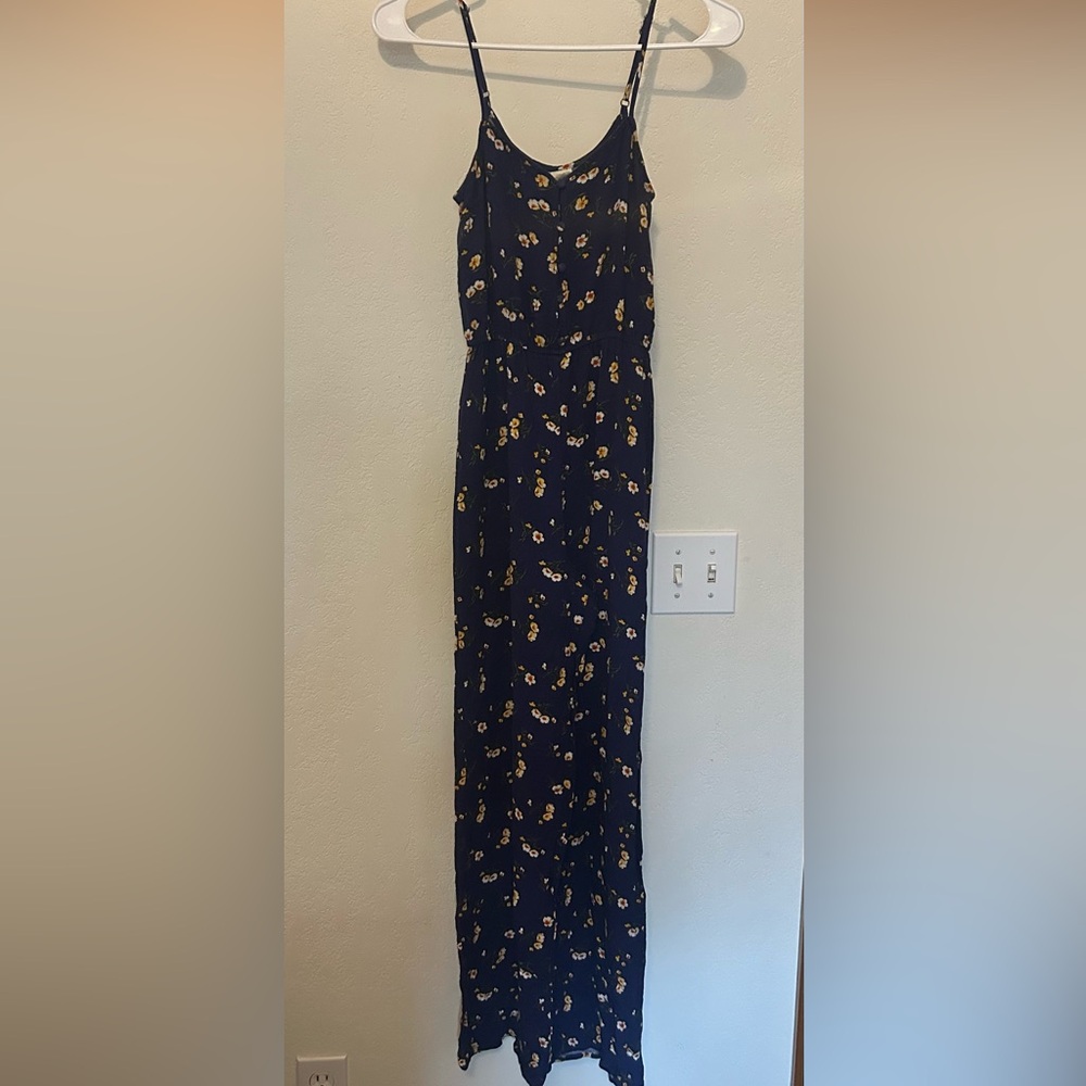 Floral Spaghetti Strap Jumpsuit - Navy and Yellow